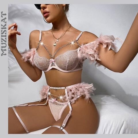 Luxury French Lace Lingerie Set - Bra, Thong, Garter Belt - Erotic & Transparent Luxury French Lace Lingerie Set - Bra, Thong, Garter Belt - Erotic & Transparent