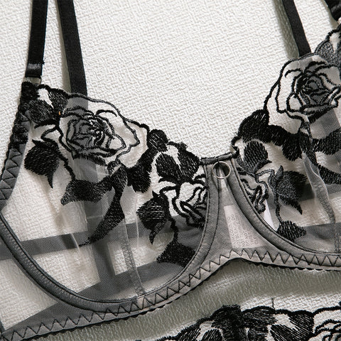 4-Pc Luxury Floral Lace Lingerie Set - Bra, Garter, Crotchless Panties 4-Pc Luxury Floral Lace Lingerie Set - Bra, Garter, Crotchless Panties