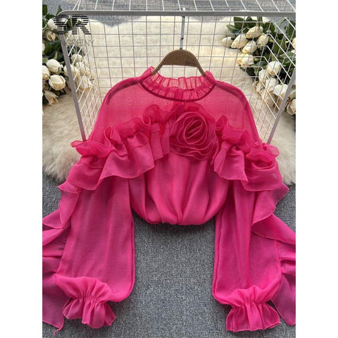 Ruffle Chiffon Blouse for Summer - Lantern Sleeve, Slim Fit, Loose Style - Vacation & Casual Fashion for Women Ruffle Chiffon Blouse for Summer - Lantern Sleeve, Slim Fit, Loose Style - Vacation & Casual Fashion for Women