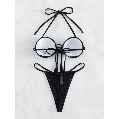 Luxury Rhinestone Halter Bikini - Black Lace-Up Micro Swimsuit for Women Luxury Rhinestone Halter Bikini - Black Lace-Up Micro Swimsuit for Women