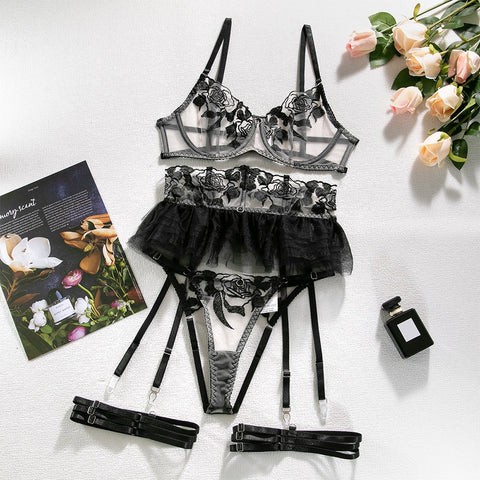 4-Pc Luxury Floral Lace Lingerie Set - Bra, Garter, Crotchless Panties 4-Pc Luxury Floral Lace Lingerie Set - Bra, Garter, Crotchless Panties