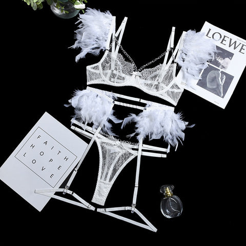 Luxury French Lace Lingerie Set - Bra, Thong, Garter Belt - Erotic & Transparent Luxury French Lace Lingerie Set - Bra, Thong, Garter Belt - Erotic & Transparent