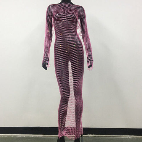 Rhinestone Grid Fishnet Dress - Sexy Long Sleeve O-Neck Beach Cover-Up Rhinestone Grid Fishnet Dress - Sexy Long Sleeve O-Neck Beach Cover-Up