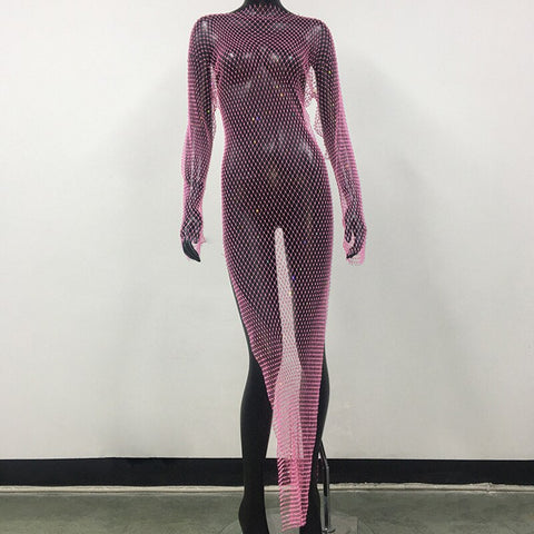Rhinestone Grid Fishnet Dress - Sexy Long Sleeve O-Neck Beach Cover-Up Rhinestone Grid Fishnet Dress - Sexy Long Sleeve O-Neck Beach Cover-Up