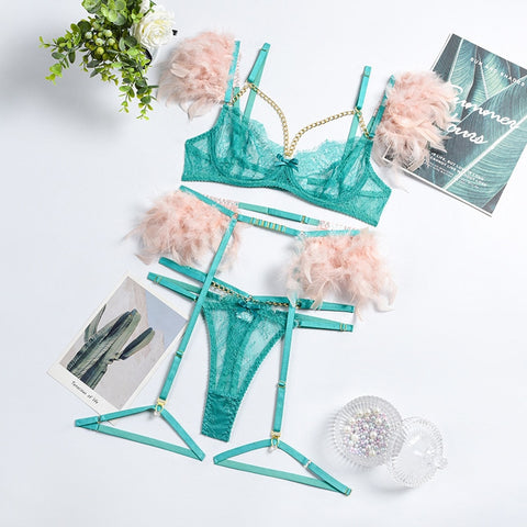 Luxury French Lace Lingerie Set - Bra, Thong, Garter Belt - Erotic & Transparent Luxury French Lace Lingerie Set - Bra, Thong, Garter Belt - Erotic & Transparent