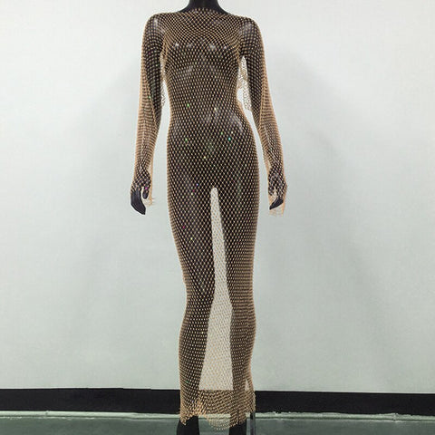 Rhinestone Grid Fishnet Dress - Sexy Long Sleeve O-Neck Beach Cover-Up Rhinestone Grid Fishnet Dress - Sexy Long Sleeve O-Neck Beach Cover-Up