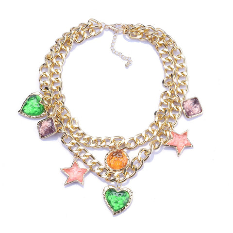 Vintage ZA Heart Star Choker Necklace - Golden Metal Chains with Charms for Women Vintage ZA Heart Star Choker Necklace - Golden Metal Chains with Charms for Women