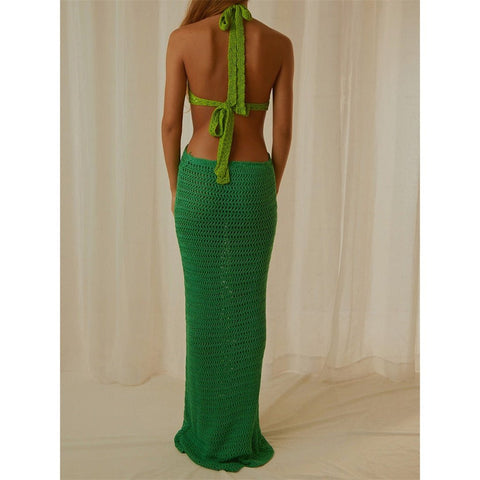 Sleeveless Halter V-Neck Knit Dress - Backless Summer Contrast Sleeveless Halter V-Neck Knit Dress - Backless Summer Contrast
