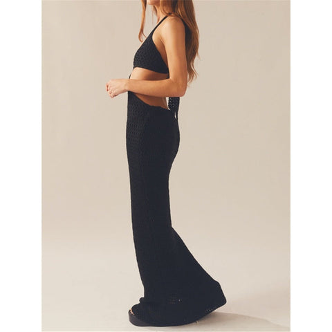 Sleeveless Halter V-Neck Knit Dress - Backless Summer Contrast Sleeveless Halter V-Neck Knit Dress - Backless Summer Contrast