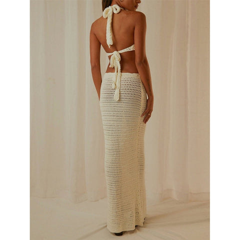 Sleeveless Halter V-Neck Knit Dress - Backless Summer Contrast Sleeveless Halter V-Neck Knit Dress - Backless Summer Contrast