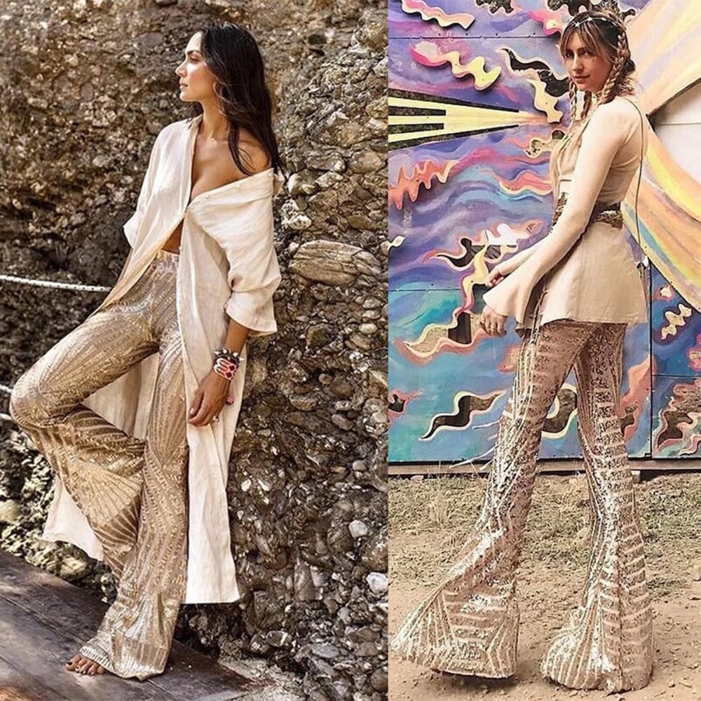 Black/Apricot Sequin Trousers, Disco Dance Woman Long Pants - 28Swim Black/Apricot Sequin Trousers, Disco Dance Woman Long Pants - 28Swim