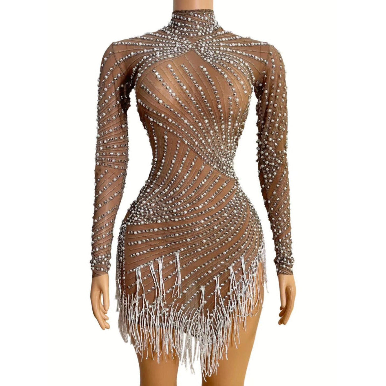 Rhinestones Pearls, High Neck Mesh Dress Bar Birthday Celebrate Dress Women Dance Outfit - 28Swim Rhinestones Pearls, High Neck Mesh Dress Bar Birthday Celebrate Dress Women Dance Outfit - 28Swim