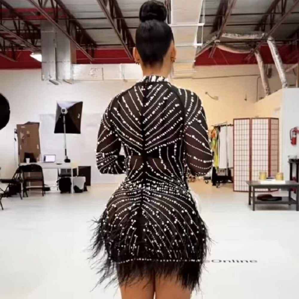Rhinestones Pearls, High Neck Mesh Dress Bar Birthday Celebrate Dress Women Dance Outfit - 28Swim Rhinestones Pearls, High Neck Mesh Dress Bar Birthday Celebrate Dress Women Dance Outfit - 28Swim