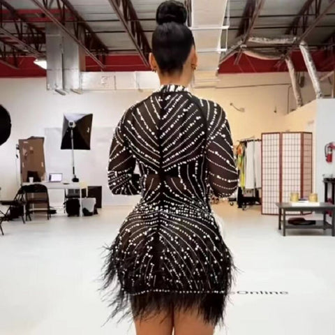 Rhinestones Pearls, High Neck Mesh Dress Bar Birthday Celebrate Dress Women Dance Outfit - 28Swim Rhinestones Pearls, High Neck Mesh Dress Bar Birthday Celebrate Dress Women Dance Outfit - 28Swim