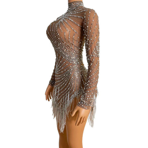 Rhinestones Pearls, High Neck Mesh Dress Bar Birthday Celebrate Dress Women Dance Outfit - 28Swim Rhinestones Pearls, High Neck Mesh Dress Bar Birthday Celebrate Dress Women Dance Outfit - 28Swim