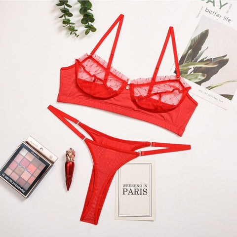 Sexy Red Lace Lingerie Set - Push-Up Bra & Transparent Panty Sexy Red Lace Lingerie Set - Push-Up Bra & Transparent Panty