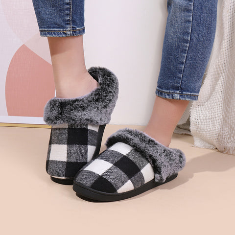 Winter Warm Plaid Plush Slippers Home Indoor Non-slip Bedroom Floor Soft Fuzzy Slipper For Couple Fashion Solid House Shoes