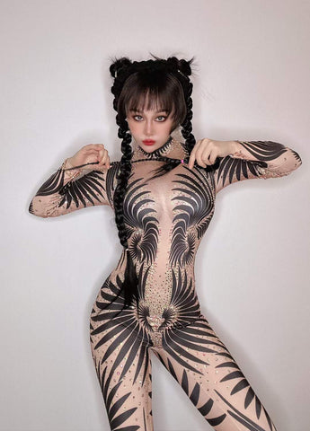 Sultry Halloween Glam - Sexy Black & White Stretch Jumpsuit for Spooktacular Nightclub, Bar, and Costume Dance Party Wear