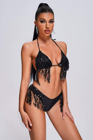 Dazzling Duo: Sequin Tassel Swimsuit Set for Dance Party Performance
