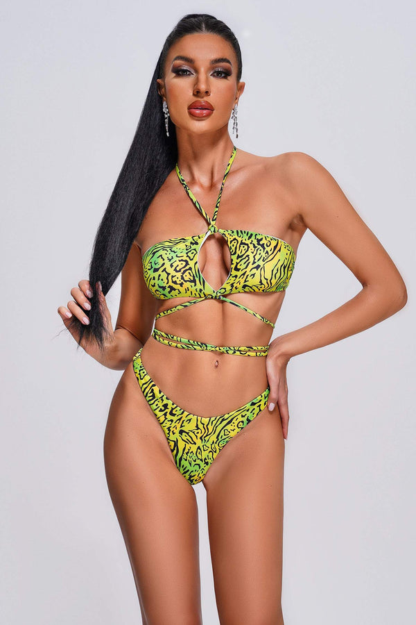 Savage Elegance - Green Halter Bikini with Animal Print Thong