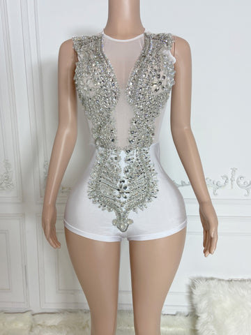 Silver Splendor - Rhinestone Appliqué Sleeveless Jumpsuit for Stylish Birthday Glam