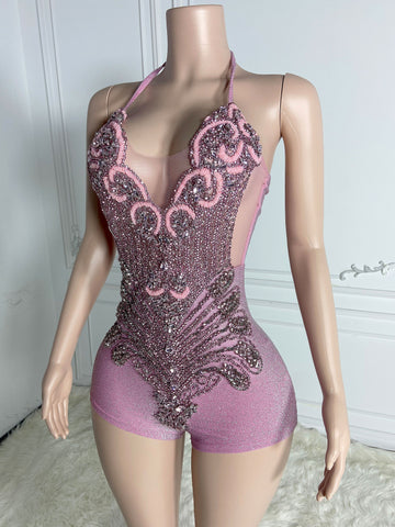 Pink Glamour Affair - Custom Rhinestone Applique & Ostrich Feather Party Couture