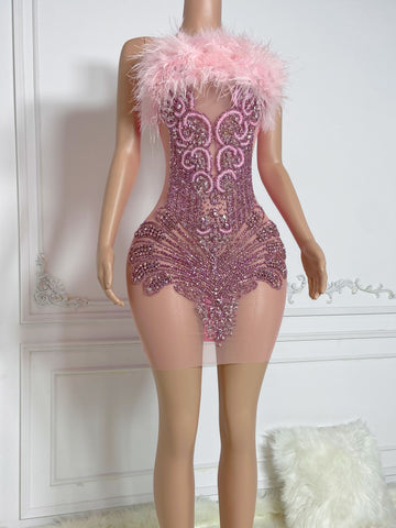 Rose Radiance - Custom Rhinestone Appliqué Birthday Dress with Ostrich Feather Glam