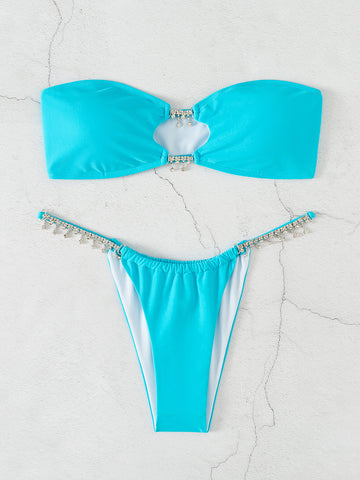 Radiant Elegance - Rhinestone Bandeau Thong Bikini for Female Swimwear