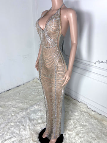 Silver Cascade - Tassel Rhinestone Birthday Glam with Glitter Appliqué Full Dress