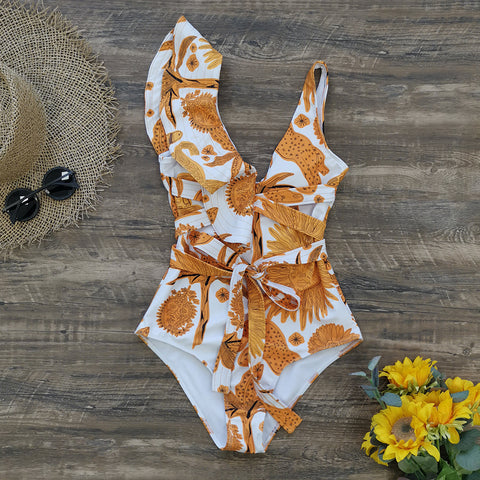 Sunny Chic - Yellow Sun Print Ruffle V-Neck Backless One Piece.