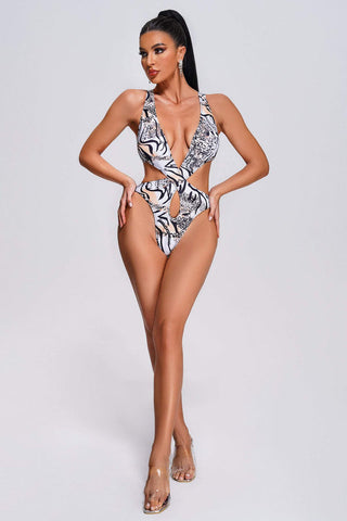 Chic Allure - Deep V-Neck Printed Cutout Monokini for Trendsetting Swimwear
