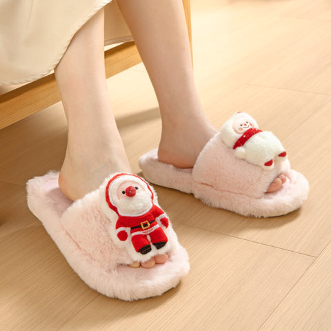 Christmas Shoes Ins Santa Claus Open-toe Cotton Slippers Winter Home Indoor Floor Plush Warm Furry Slippers Women