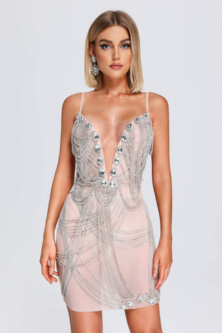 Sparkling Silver Rhinestone Chain Mesh Dress - Perfect for Celebrations, Clubs, and Performances