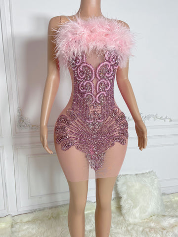 Rose Radiance - Custom Rhinestone Appliqué Birthday Dress with Ostrich Feather Glam