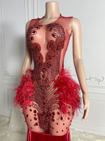 Ethereal Opulence - Long O-Neck Prom with Crystal Beads & Feathers