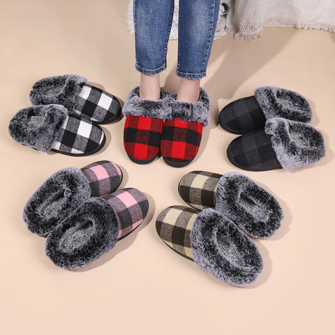 Winter Warm Plaid Plush Slippers Home Indoor Non-slip Bedroom Floor Soft Fuzzy Slipper For Couple Fashion Solid House Shoes