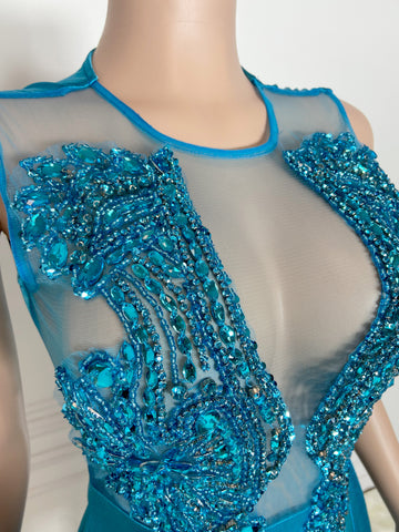 Dazzling Elegance - Sequins Rhinestones Nude Sleeveless Blue Fashion Show Stunner