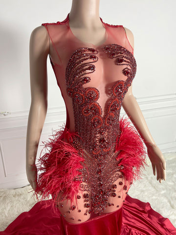 Ethereal Opulence - Long O-Neck Prom with Crystal Beads & Feathers