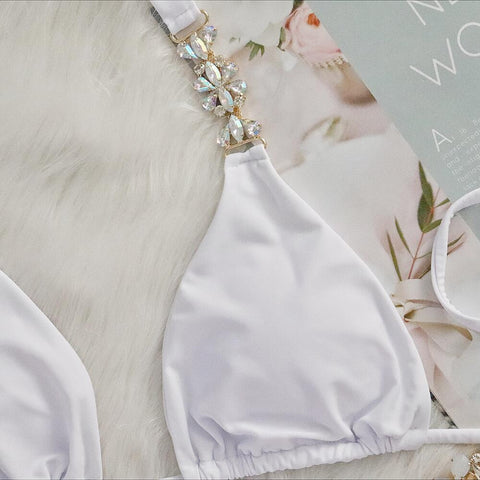Dazzling Shore - High-Quality Crystal White Rhinestone Thong Bikini Set