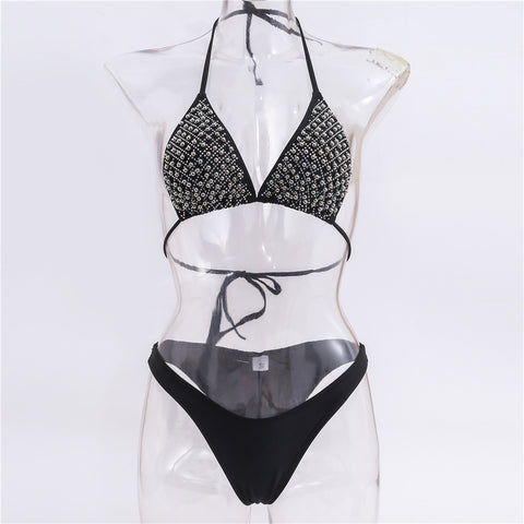Diamond Swimsuit with Shiny Strappy Bandage Accents