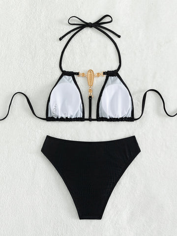 Halter Elegance - Black Lace-Up Swim Set, Sizzling Style for Women
