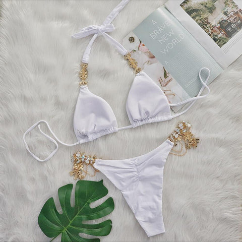 Dazzling Shore - High-Quality Crystal White Rhinestone Thong Bikini Set