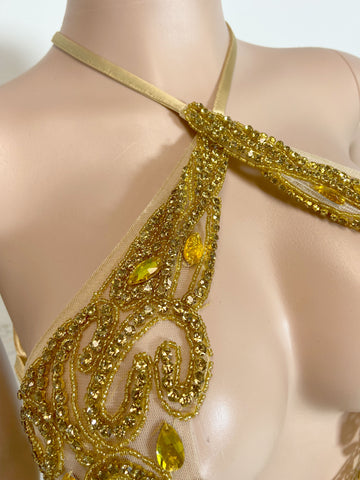 Gilded Glamour - Gold Rhinestone Halter Prom Dress for Black Girls