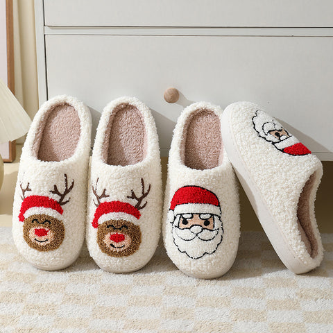 Christmas Home Slippers Cute Cartoon Santa Claus Cotton Slippers For Women And Men Couples Winter Warm Furry Shoes