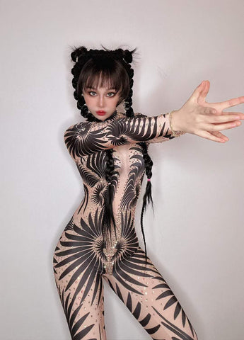 Sultry Halloween Glam - Sexy Black & White Stretch Jumpsuit for Spooktacular Nightclub, Bar, and Costume Dance Party Wear