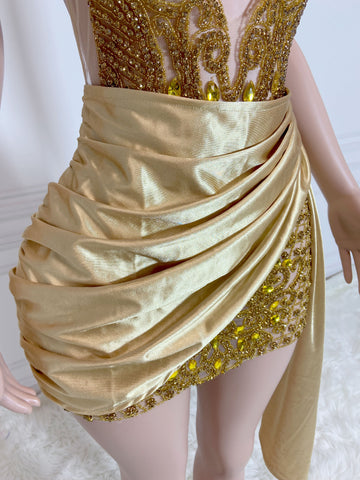 Gilded Glamour - Gold Rhinestone Halter Prom Dress for Black Girls