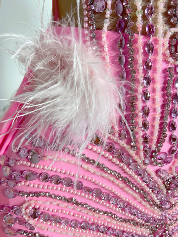 Chic Pink Elegance - Rhinestone-Adorned Homecoming Dress with Velvet, Birthday Glamour
