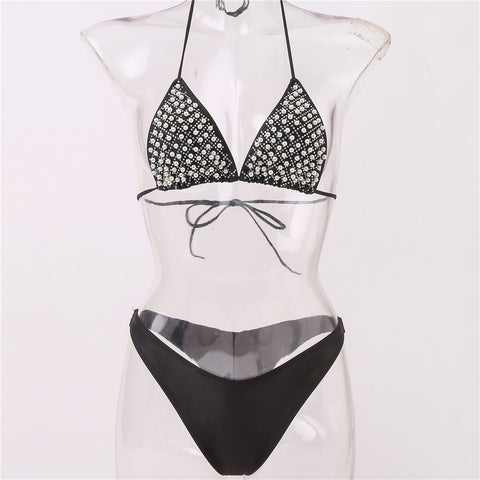 Diamond Swimsuit with Shiny Strappy Bandage Accents