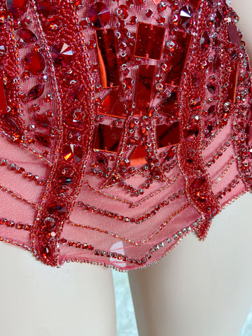 Sizzling Elegance - Turtleneck Red Mirror Sequin Rhinestone Birthday Mini Club Dress