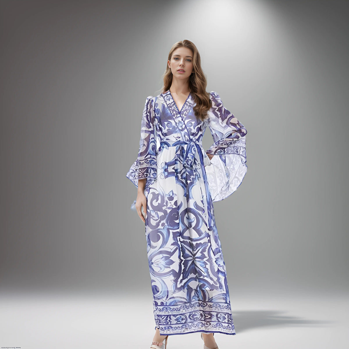 Blue & White Porcelain Floral Maxi Dress - Elegant Long Sleeve Summer/Autumn Dress